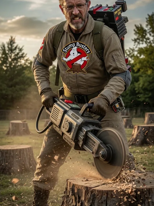 Nebraska Stump Busters mascot in a work jumpsuit with the Stump Busters logo patch, ready to grind